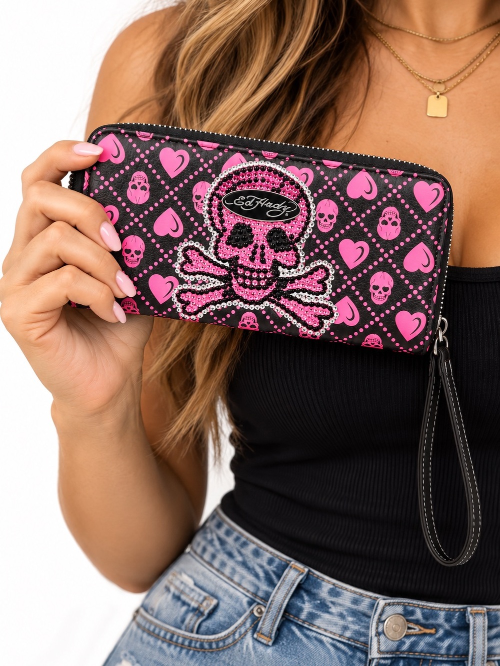 Ed Hardy Pink Black Rhinestone Skull Wallet Wristlet NWT
